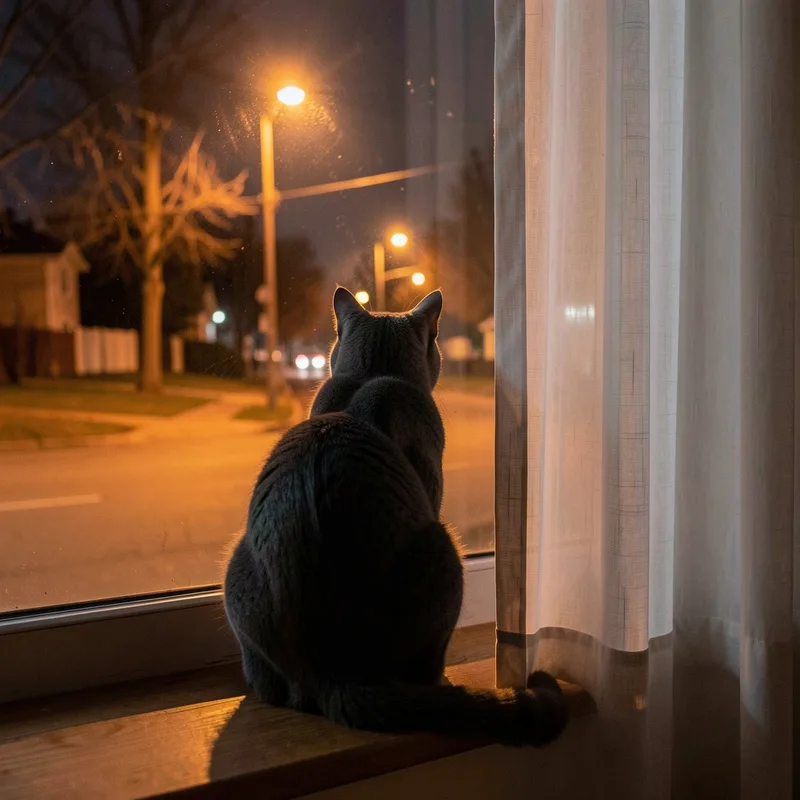 Chat gris assis sur le rebord d une fenêtre la nuit, silhouette éclairée par la lumière de la rue