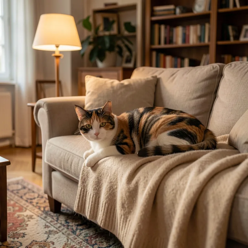 Chatte tricolore couchée sur un plaid en laine dans un salon éclairé par une lampe basse