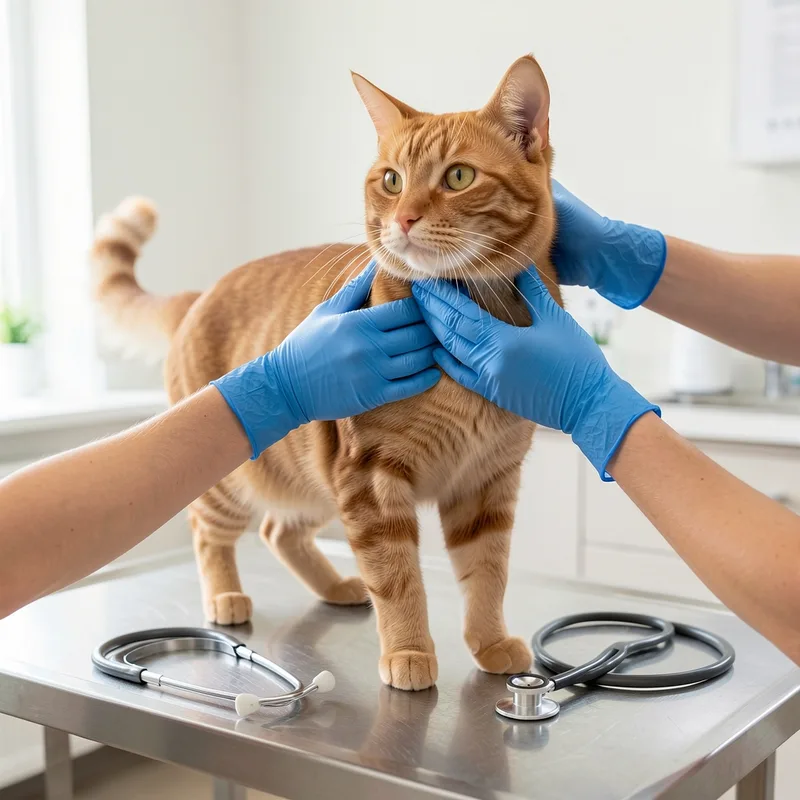Chat âgé roux examiné par des mains gantées sur une table de consultation vétérinaire