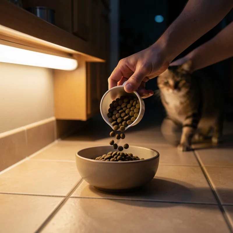 Mains d une personne remplissant une gamelle de croquettes dans une cuisine éclairée à la lumière artificielle