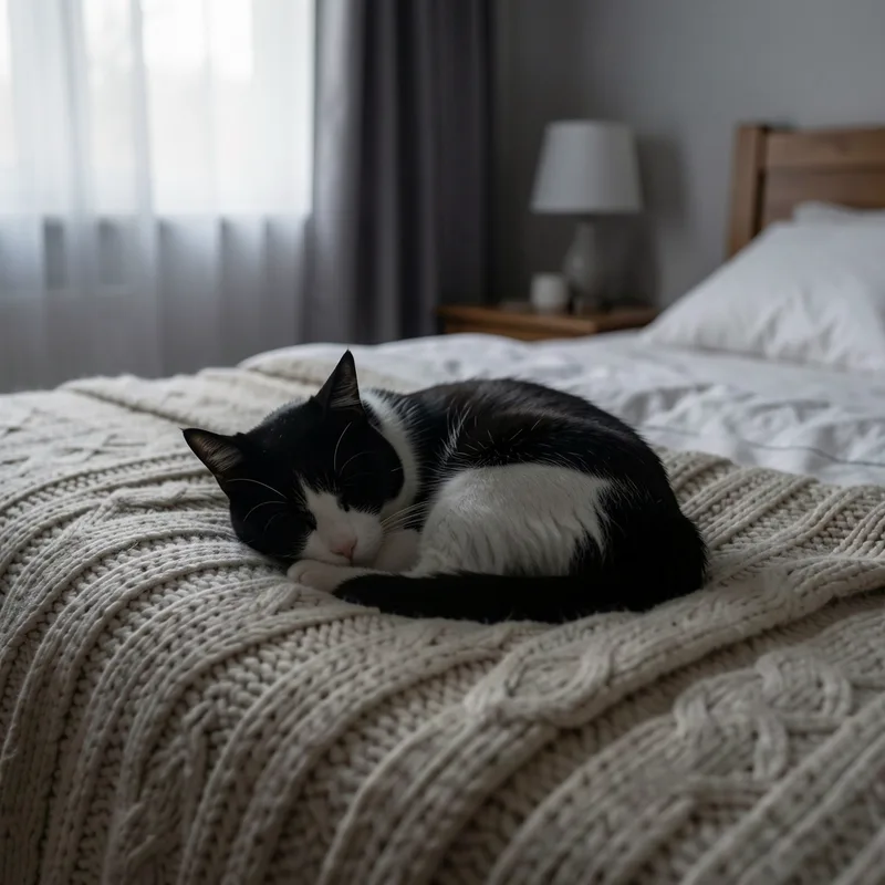Chat noir et blanc endormi en boule sur un lit dans une chambre sombre au petit matin