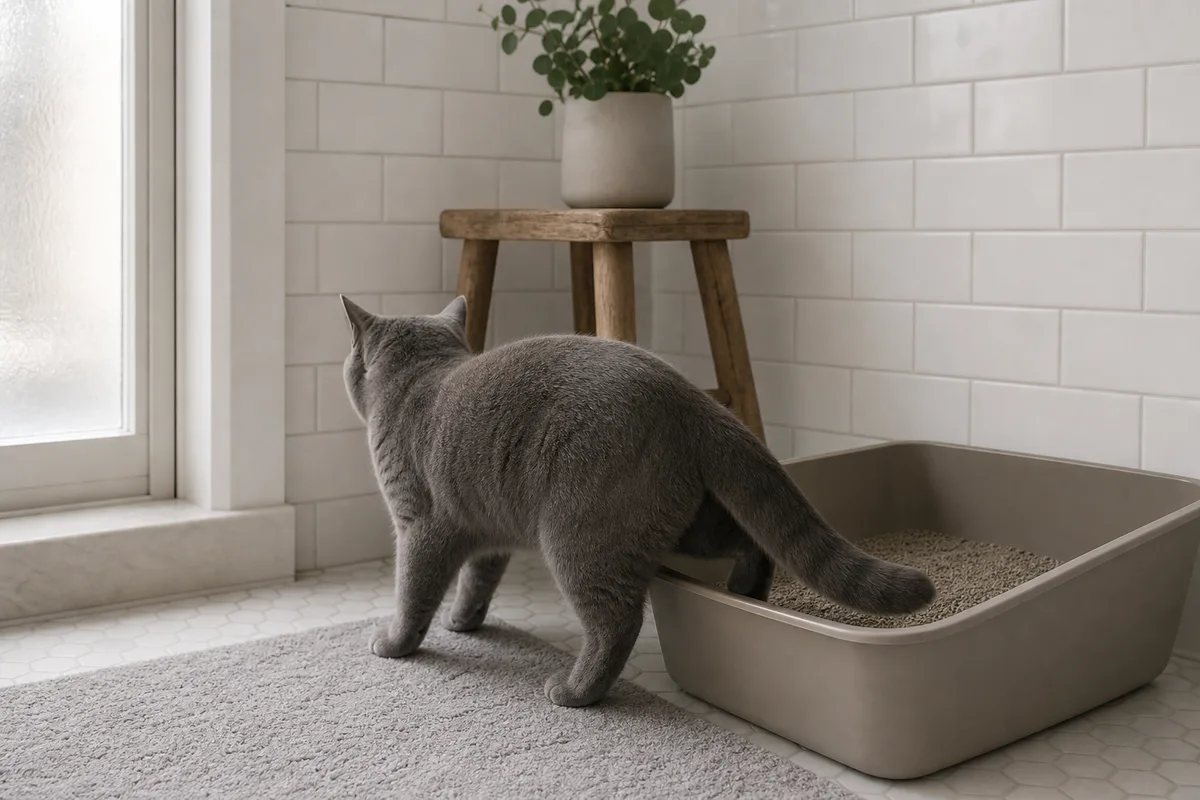 Chat gris de dos sortant d&rsquo;un bac à litière posé dans un coin de salle de bain